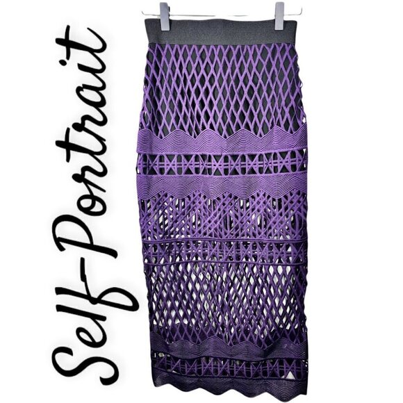 NWT Self-Portrait Cutwork Lace Pencil Skirt in Deep Purple & Black, Size 0 - Picture 3 of 12